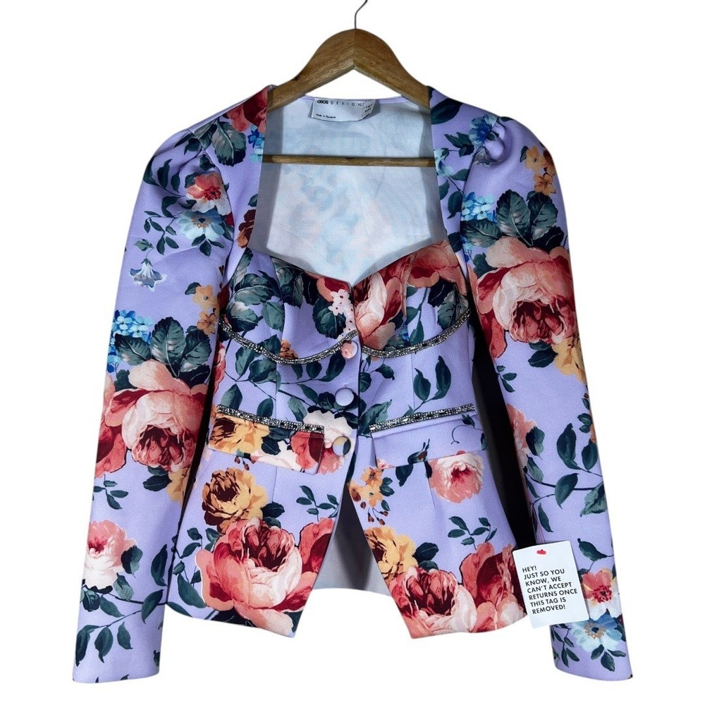 NWT ASOS DESIGN Floral Crystal Trim Sweetheart Neck Blazer Lilac Romantic Size 0